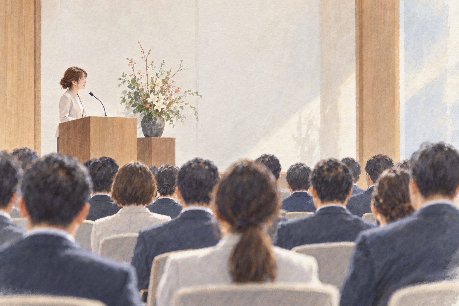 式典で登壇し、聴衆の前で話す様子