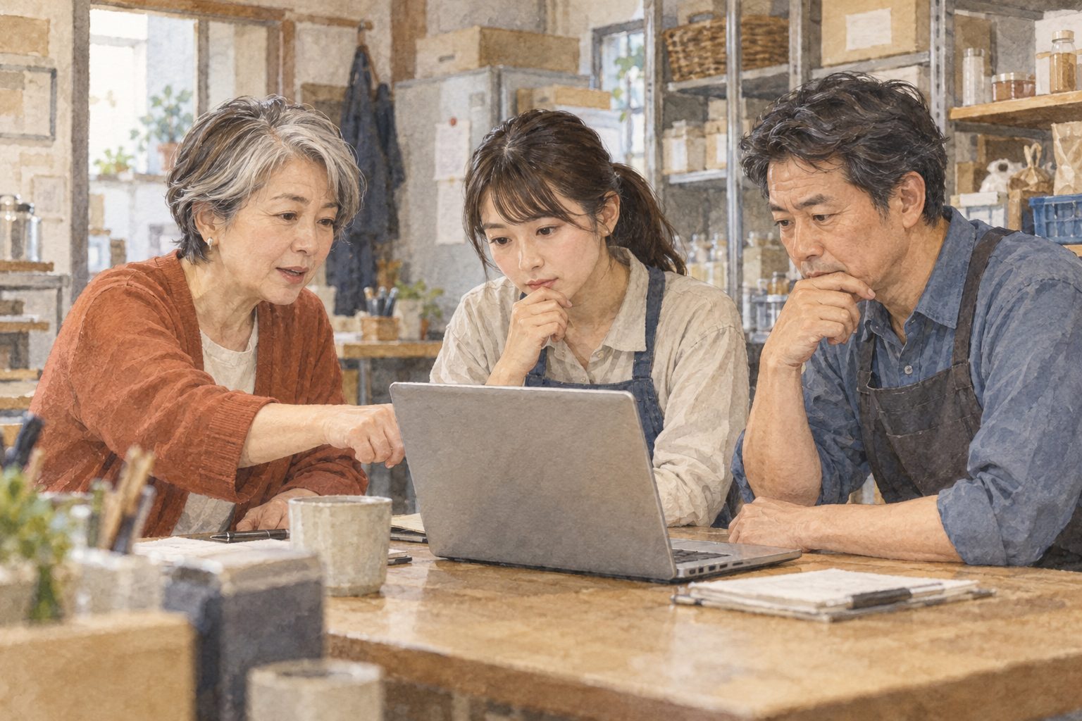 ノートPCを一緒に見て発信を検討する様子