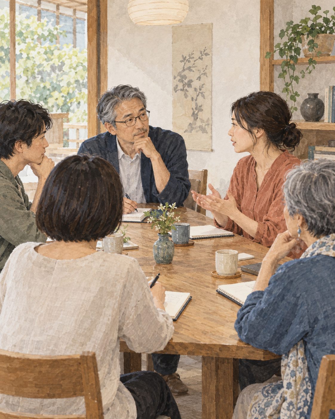 テーブルを囲んで対話する打ち合わせの様子